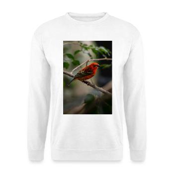 Ein leuchtend roter tropischer Vogel, der auf einem Ast saß - Unisex Pullover - Weiß - Vorne - Alina (178cm) & Michal (187cm)
