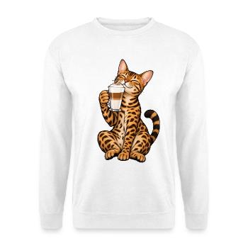 Bengalkatze mit Latte Macchiato - Unisex Pullover - Weiß - Vorne - Alina (178cm) & Michal (187cm)
