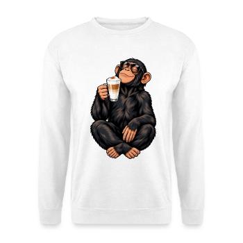 Schimpanse mit Latte Macchiato - Unisex Pullover - Weiß - Vorne - Alina (178cm) & Michal (187cm)