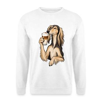Saluki mit Latte Macchiato - Unisex Pullover - Weiß - Vorne - Alina (178cm) & Michal (187cm)