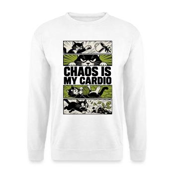 Chaos Is My Cardio – Katzen Comic - Unisex Pullover - Weiß - Vorne - Alina (178cm) & Michal (187cm)