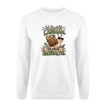 Ich bin nicht Langsam – ich arbeite Nachhaltig - Unisex Pullover - Weiß - Vorne - Alina (178cm) & Michal (187cm)