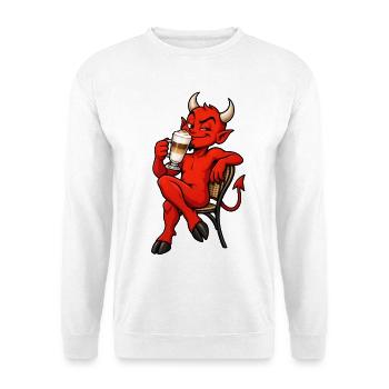 Teufel mit Latte Macchiato – Kaffee & Humor - Unisex Pullover - Weiß - Vorne - Alina (178cm) & Michal (187cm)