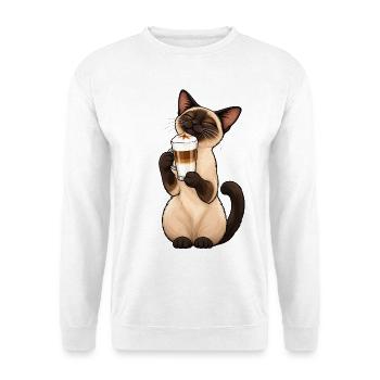 Siamkatze mit Latte Macchiato – Kaffee & Katze - Unisex Pullover - Weiß - Vorne - Alina (178cm) & Michal (187cm)