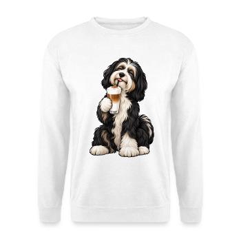 Tibet Terrier mit Latte Macchiato – Kaffeepause - Unisex Pullover - Weiß - Vorne - Alina (178cm) & Michal (187cm)
