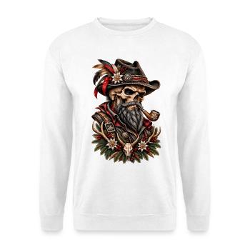Alpine Outlaw – Wilder Skull mit Pfeife - Unisex Pullover - Weiß - Vorne - Alina (178cm) & Michal (187cm)
