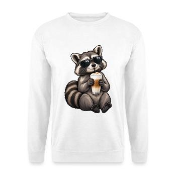 Waschbär mit Latte Macchiato – Kaffeepause - Unisex Pullover - Weiß - Vorne - Alina (178cm) & Michal (187cm)