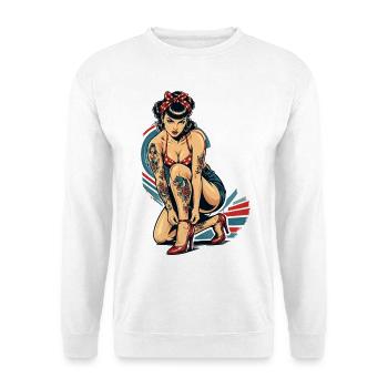 Old School Pin-Up: Rockabilly Tattoo Design - Unisex Pullover - Weiß - Vorne - Alina (178cm) & Michal (187cm)