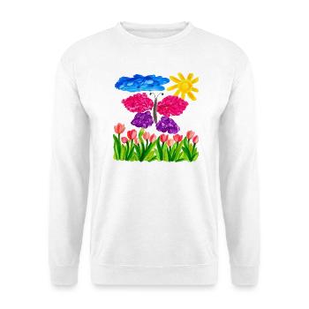 Farbenfroher Schmetterlingsgarten – Sonnenschein & Tulpen - Unisex Pullover - Weiß - Vorne - Alina (178cm) & Michal (187cm)