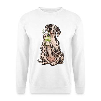 Deutsche Dogge mit Matcha Latte – Kaffeepause - Unisex Pullover - Weiß - Vorne - Alina (178cm) & Michal (187cm)