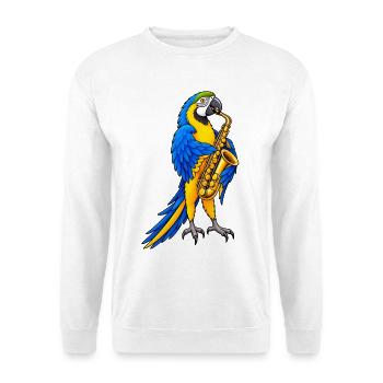 Ara spielt Saxophon – Buntes Musikmotiv - Unisex Pullover - Weiß - Vorne - Alina (178cm) & Michal (187cm)