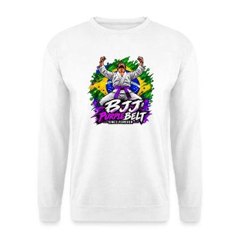 BJJ Lila Gürtel seit Ewigkeiten - Unisex Pullover - Weiß - Vorne - Alina (178cm) & Michal (187cm)