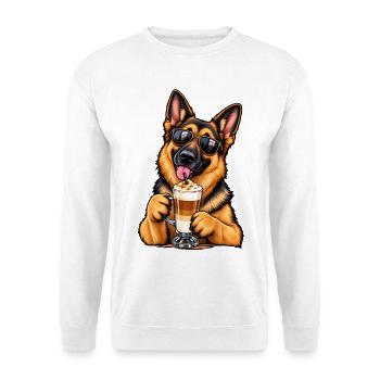 Schäferhund mit Latte Macchiato - Unisex Pullover - Weiß - Vorne - Alina (178cm) & Michal (187cm)