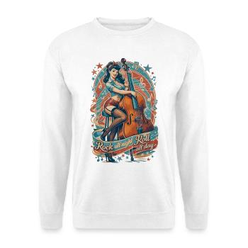 Rockabilly Pin-Up Girl mit Kontrabass - Unisex Pullover - Weiß - Vorne - Alina (178cm) & Michal (187cm)