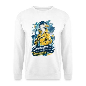 Lustige Möwe im Friesennerz Schietwetter - Unisex Pullover - Weiß - Vorne - Alina (178cm) & Michal (187cm)