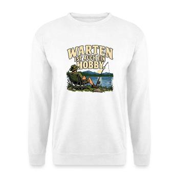 Warten ist auch ein Hobby – Retro-Angelshirt - Unisex Pullover - Weiß - Vorne - Alina (178cm) & Michal (187cm)