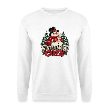 Wintermodus: Gemütlich – Schneemann mit Tasse - Unisex Pullover - Weiß - Vorne - Alina (178cm) & Michal (187cm)