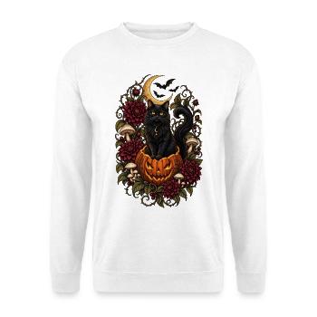 Gothic Black Cat Halloween Kürbis - Unisex Pullover - Weiß - Vorne - Alina (178cm) & Michal (187cm)