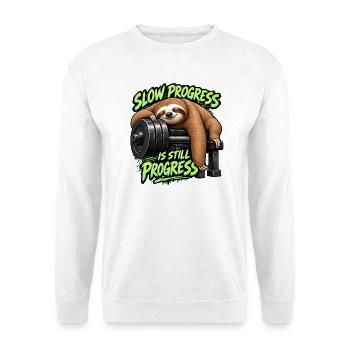 Langsamer Fortschritt ist immer noch Fortschritt – lustige Gym-Trägheit - Unisex Pullover - Weiß - Vorne - Alina (178cm) & Michal (187cm)