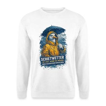 Möwe im Friesennerz - Schietwetter Spruch - Unisex Pullover - Weiß - Vorne - Alina (178cm) & Michal (187cm)