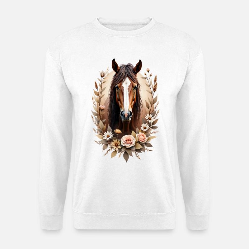 Elegantes Pferdeportrait mit Blumen - Unisex Pullover - Weiß