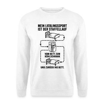 Bett und Kühlschrank Staffellauf - Unisex Pullover - Weiß - Vorne - Alina (178cm) & Michal (187cm)