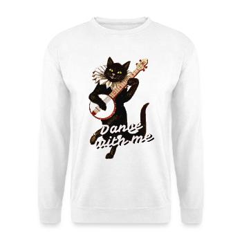 Dance with Me – Schwarze Katze mit Banjo - Unisex Pullover - Weiß - Vorne - Alina (178cm) & Michal (187cm)