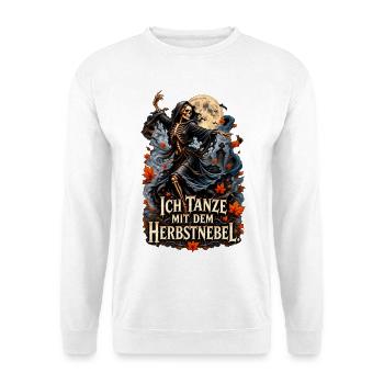Skelett tanzt im Herbstnebel - Unisex Pullover - Weiß - Vorne - Alina (178cm) & Michal (187cm)