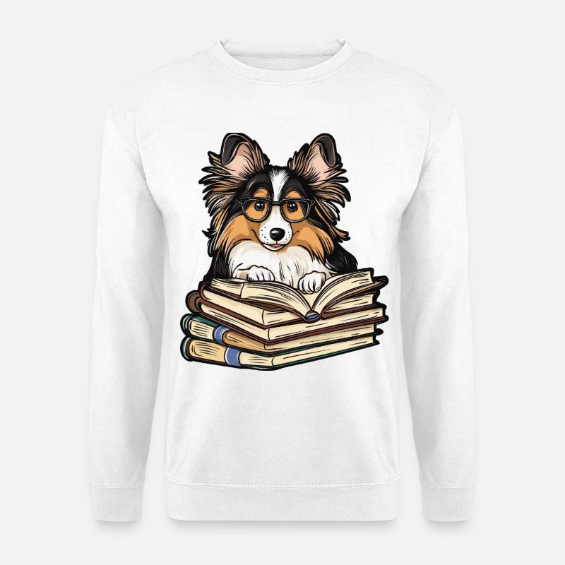 Süßes Sheltie-Hundelesebuch mit Brille - Unisex Pullover - Weiß