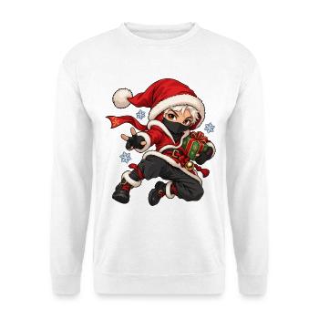 RobVibe Weihnachts-Ninja im Sprung mit Geschenk - Unisex Pullover - Weiß - Vorne - Alina (178cm) & Michal (187cm)