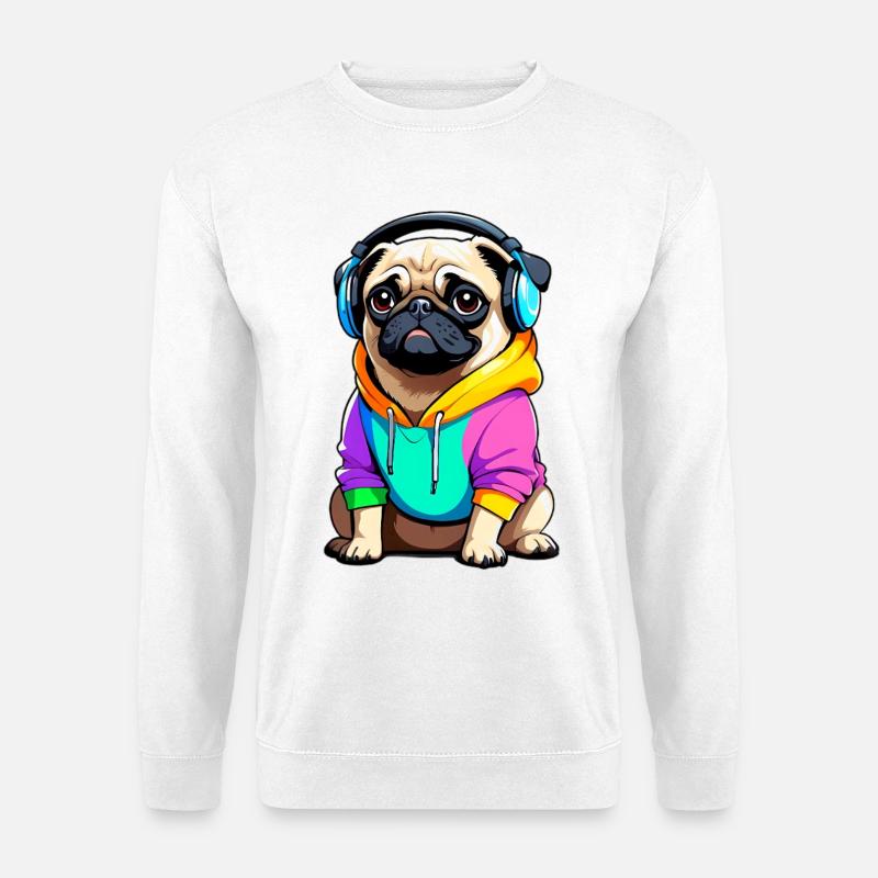 Pug mit Kopfhörer und Kleidung - Unisex Pullover - Weiß