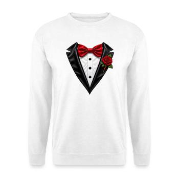 Schwarzes Smoking-T-Shirt mit roter Fliege und Rosen - Unisex Pullover - Weiß - Vorne - Alina (178cm) & Michal (187cm)