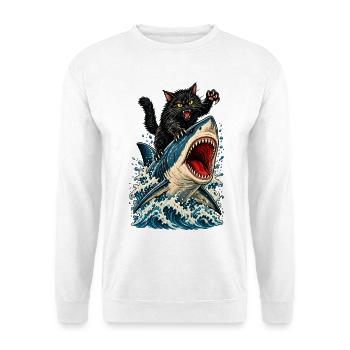 Angry Black Cat Riding a Great White Shark - Unisex Pullover - Weiß - Vorne - Alina (178cm) & Michal (187cm)