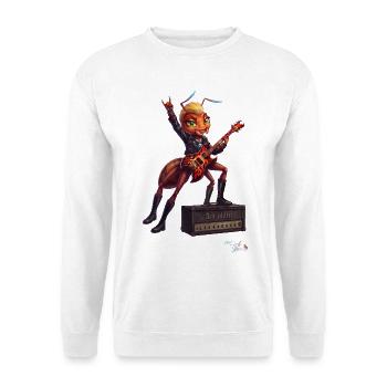 MALÚ die E-Gitarren Ameise | Geschenk für Rocker - Unisex Pullover - Weiß - Vorne - Alina (178cm) & Michal (187cm)