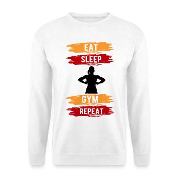 Eat Sleep Gym Repeat Bodybuilding Frau Sprüche - Unisex Pullover - Weiß - Vorne - Alina (178cm) & Michal (187cm)