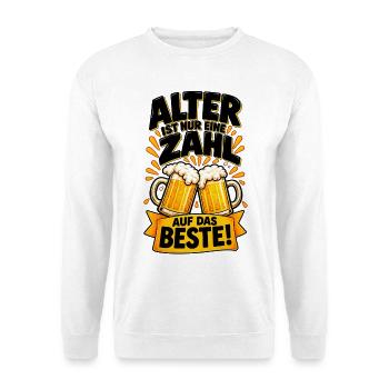 Alter ist nur eine Zahl – Prost - Unisex Pullover - Weiß - Vorne - Alina (178cm) & Michal (187cm)