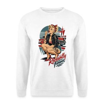 Rockabilly Forever Pin Up Girl mit Kirsche - Unisex Pullover - Weiß - Vorne - Alina (178cm) & Michal (187cm)