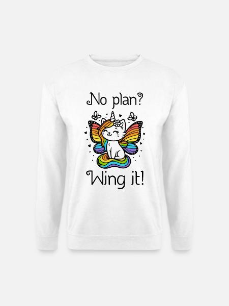 No plan? Wing it! Geflügelte Einhornkatze (bunt) - Unisex Pullover - Weiß