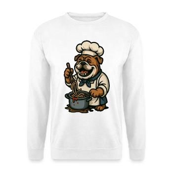 Bulldogge Koch Kochen Spaghetti Glücklich Cartoon Kunst - Unisex Pullover - Weiß - Vorne