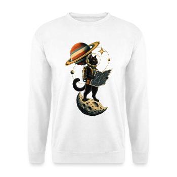 Schwarze Katze Astronaut Weltraum Mond Sterne - Unisex Pullover - Weiß - Vorne - Alina (178cm) & Michal (187cm)