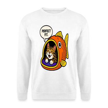 Katze im Maul eines Fisches – Einzigartiges Design - Unisex Pullover - Weiß - Vorne - Alina (178cm) & Michal (187cm)