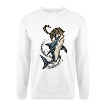 Katze beißt Hai Verrückter Tierhumor - Unisex Pullover - Weiß - Vorne - Alina (178cm) & Michal (187cm)