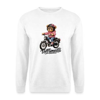 Motorrad-Bär Töfflimeitli im Rosa Hoodie - Unisex Pullover - Weiß - Vorne - Alina (178cm) & Michal (187cm)