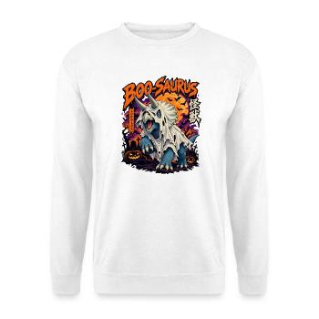 Boo-Saurus – Halloween Triceratops - Unisex Pullover - Weiß - Vorne - Alina (178cm) & Michal (187cm)