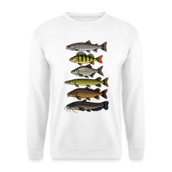 Fischarten Angler Design Fische angeln - Unisex Pullover - Weiß - Vorne - Alina (178cm) & Michal (187cm)