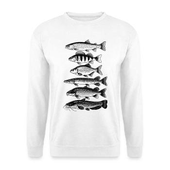 Fischarten Angler Motiv Fische angeln Wasser - Unisex Pullover - Weiß - Vorne - Alina (178cm) & Michal (187cm)
