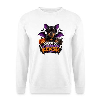Kleiner Vampirhund will Kekse  - Unisex Pullover - Weiß - Vorne - Alina (178cm) & Michal (187cm)