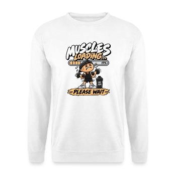 Muskeln laden sich – lustiges Fitnessstudio - Unisex Pullover - Weiß - Vorne - Alina (178cm) & Michal (187cm)