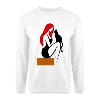 donna_stilizzata_con_capelli_rossi_e_gatto_nero - Unisex Pullover - Weiß - Vorne - Alina (178cm) & Michal (187cm)