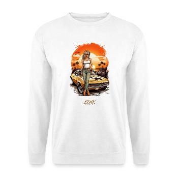 Frau vor einem Retro-Auto in der Sonne - Unisex Pullover - Weiß - Vorne - Alina (178cm) & Michal (187cm)
